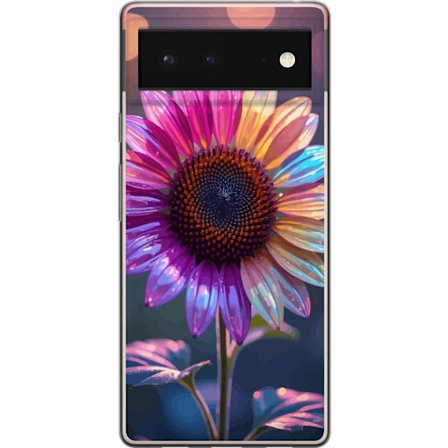 Kompatibelt Mobildeksel til Google Pixel 6 Irideserende blomst med glitrende kronblad i rosa lilla og gull mot myk bokeh bakgrunn