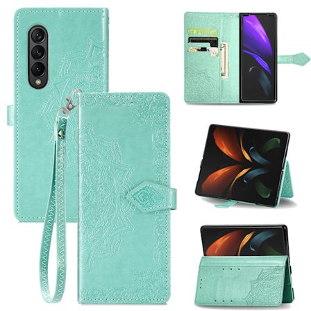 Plånboksfodral för Samsung Galaxy Z Fold 4, präglat läderfolio-flipfodral med handledsskydd, stötsäkert fodral med kortplatser