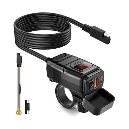 Motorcykeltelefonladdare, Dubbel USB Typ C PD & Snabbladdning 3.0 Motorcykel USB-laddare med Voltmeter Svart