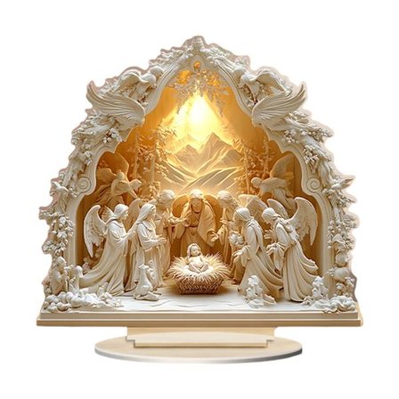 Kunstnerisk 2D Religiøs Fødselsscene Skulptur med Base Akryl Skrivebordspynt