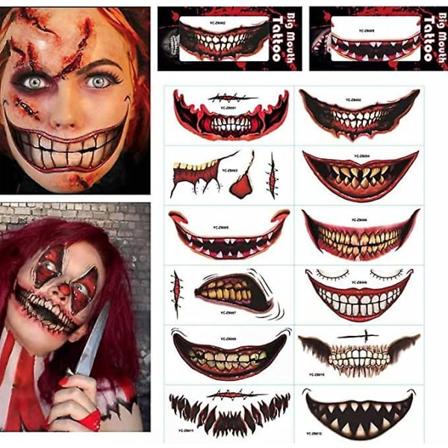 12 set med Halloween Clown Horror Mun Bar Tatuering Stickers Leende Läpp Stickers, Tillfällig Tatuering Makeup Rekvisita