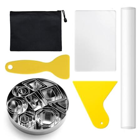 28-osainen ruostumattomasta teräksestä valmistettu reikäleikkuri, leivontamuotti, akryylinen savirulla ja kaavinsetti savenvalmistukseen, keramiikkaan