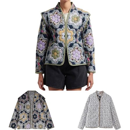 Naisten lyhyt topattu puffer-takki Vintage-kukkakuvio Avoin edestä Kevyt lyhyt takki Ulkovaatteet M