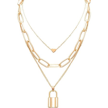 Sølvfarget lagdelt halskjede, estetisk punk-smykke med hengelås og nøkkel, tykk chai