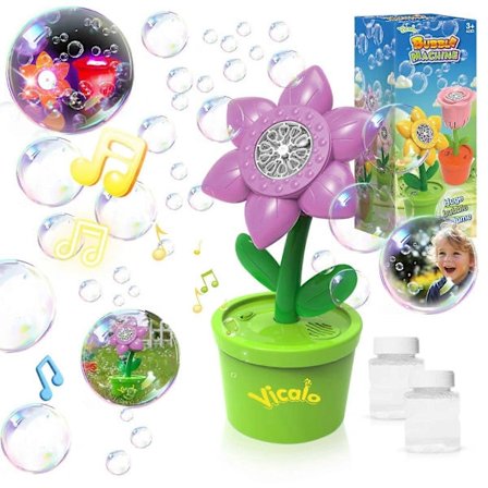 Automatisk boblemaskin med lys og musikk, solsikke bobleblåser leker for barn med boblevæske for fest bryllup hage utendørs lilla-glad
