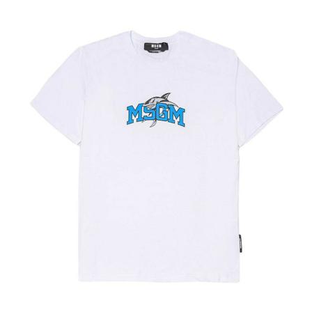 Msgm, Cotton jersey t-shirt with shark and tag msgm print Wit, Heren, Maat:M