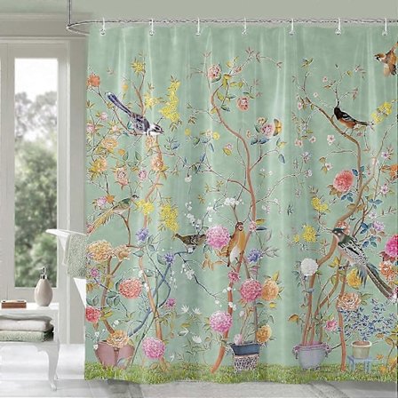 Bruseforhæng Grønt Skimmelbestandigt Vandtæt Fugleblomstret Badeværelsesforhæng Hurtigtørrende Vægtet 180x180cm (71x71 tommer) Grøn Fugleblomstret