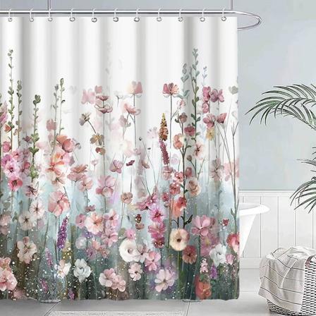 Muggbestandig dusjforheng Stoff Dusjforheng 180x180 cm, vanntett vaskbar polyester badekar Badekargardin med kroker, blomsterbuskmønster