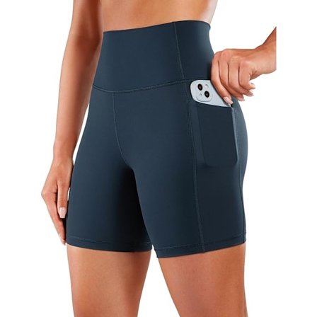 Damesykkelshorts Yoga Høy Midje Sportsshorts med Lommer - Dyp Havblå (L) 50-60kg