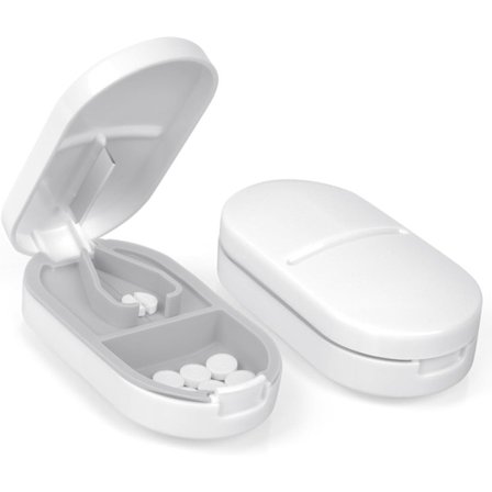 1 st tablettdelare (vit), tablettdelare med blad, pillerdelare för små och stora piller, bärbar pillerdelare för att dela dina piller och bära dina 