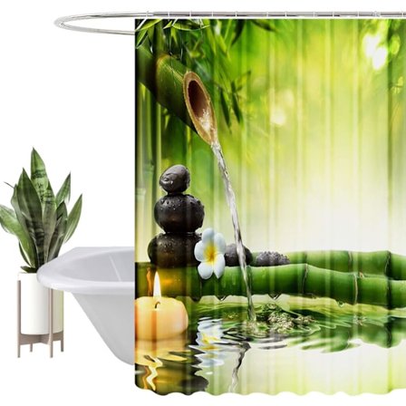 Duschdraperi Kraftig polyestertyg Vattentät duschdraperi, målningsmönster för duschkabin, badrumsgardiner (180x180cm, bambu)