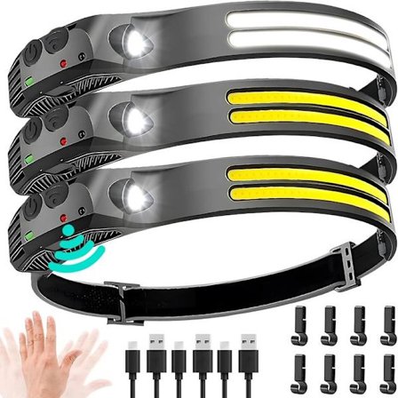 Pandelampe 3-pak, genopladelig, 1000 lumen, 230° bred stråle, superlys pandelampe sort