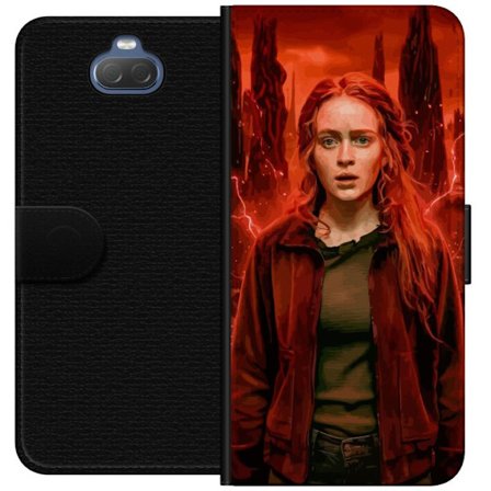 Kompatibelt Plånboksfodral till Sony Sony Xperia 10 Porträtt av en ung kvinna med rött hår i en apokalyptisk landskap, röda blixtar och mörka kl