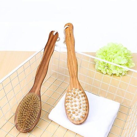Dobbeltsidig Massagebørste med Bambusbørster - Badebørste med Langt Håndtag og Massagehoved
