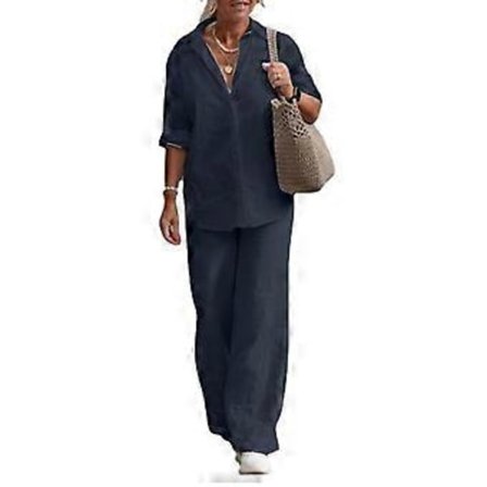 1 Sett Trendy Dame Casual Skjorte Bukser Pluss Størrelse Bomull Lin Topp Vide Ben Løse Antrekk Pendler (L mørk blå)
