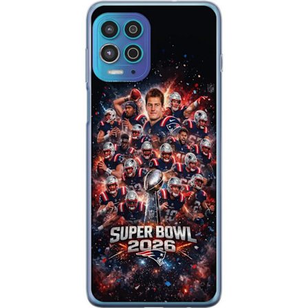 Yhteensopiva Puhelinkuori Motorola Moto G100 Super Bowl 2026 juliste, jossa New England Patriots ja NFL-mestaruuspalkinto räjähtävän urheilullisessa s