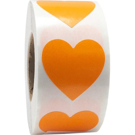 2,5 cm oranssit sydäntarrat, 500 tarraa/rulla.