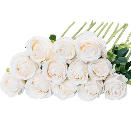 Sett med 12 kunstige silke roser (hvite) for hjemmedekor, bryllupsfest