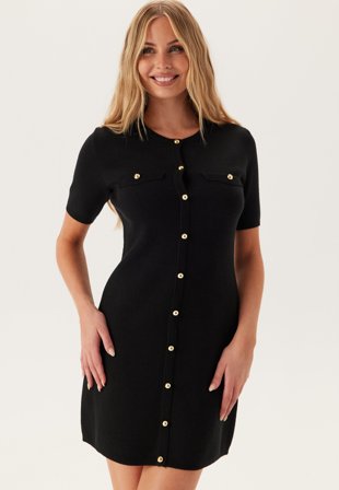 BUBBLEROOM Knitted Gold Button Dress Black XS