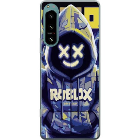 Kompatibelt Mobildeksel til Sony Sony Xperia 5 IV Blågul Roblox hettegenserfigur med minimalistisk neonstil og masket ansikt, moderne spillillustrasj