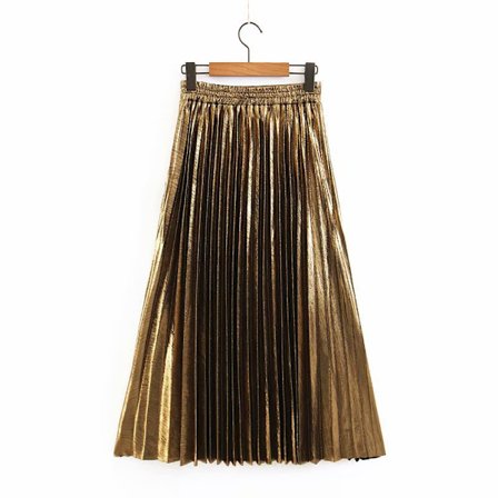 Dame Premium Metallisk Skinnende Shimmer Harmonika Plisseret Lang Maxi Nederdel (L)