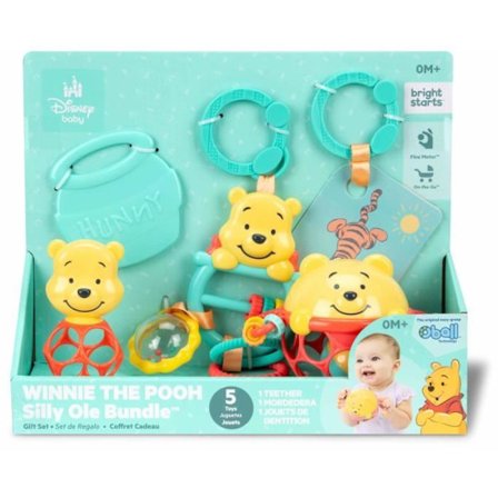 DISNEY BABY -WINNIE- Presentset för bebis, 5 leksaker inklusive 1 bitring och O-boll från Nalle Puh, skallra och barnvagnsklämma