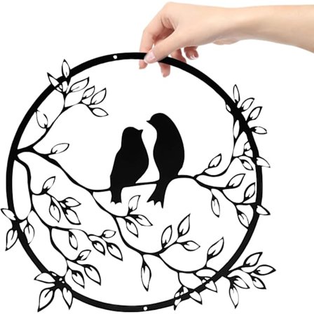 Rund metalvægdekoration, metalfuglevægdekoration, art deco fuglesilhuet smedejernsvægdekoration, egnet til stue, have, soveværelse, 30 cm