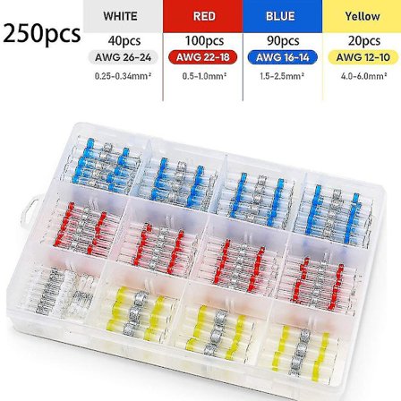 250 stk Loddeforbindelse Varmekrymp Trådforbindelse Lodde Butt Seal Forbindelser, 4 Forskellige Størrelser, Kabelforbindelser Shibaod