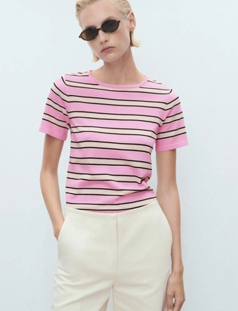 Mango Short-Sleeved Sweater With Combined Stripes - Pink - L