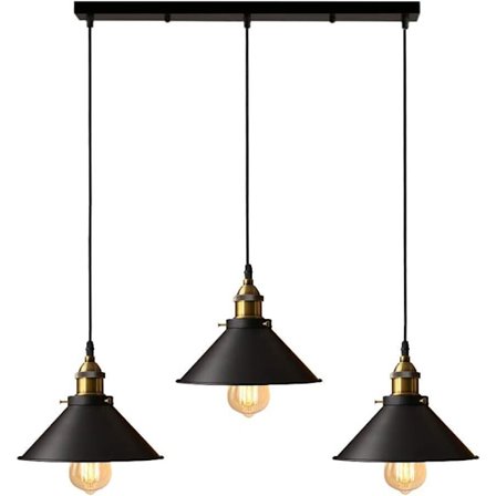 3 Lamper Pendellampe Industrielle Lysekrone Loftslamper Design Edison Metal Lysekrone Ophæng med 50cm Bar Support,Ø 22cm,Sort