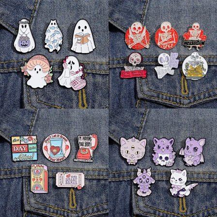 New Cartoon Enamel Pin Set Custome Punk Gothic Skeleton Ghost Boo Cute Cat Brooches Backpack Lapel Badges Jewelry Gift for Kids