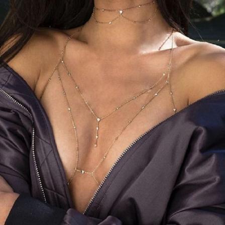 Krystal Rhinestone Perle Kropkæde Sele Kropssmykker Bikini BH Uendelig Personlighed Kropkæde Tilbehør til Kvinder og Piger (Guld)
