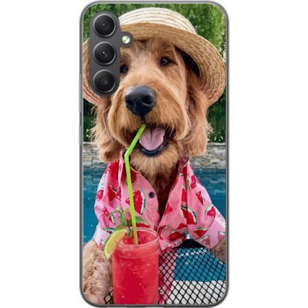 Kompatibelt Mobilskal till Samsung Samsung Galaxy A35 Sommarhund dryck motiv med glad hund i hatt och rosa skjorta som dricker en smoothie vid poolen