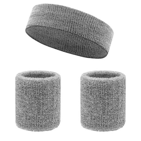 Sportshodebånd og armbåndsett, frotté-svettebånd i bomull, egnet for sport og fitness (3-delt sett) Grå,