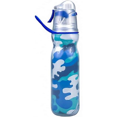 Urheilujuomapullo sumutussuihkeella, viilentävä sumutusvesi 590 ml, tiivis puristettava kylmävesipullo, Camo Blue