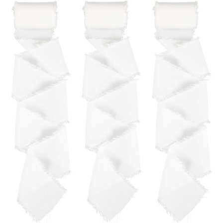 3 rullar handgjorda fransade chiffongband, 5 cm x 5,5 m vitt chiffongband silkesliknande band