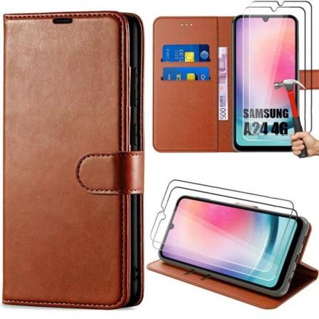 Etui til Samsung Galaxy A24 + 2 hærdede briller - Anti-ridse PU læder Flip Cover - Brun