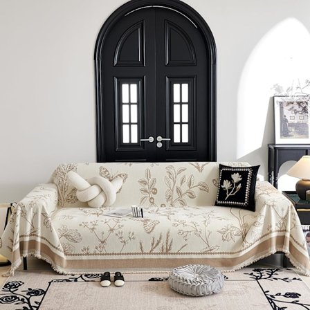 3-sits Sofföverdrag Mjukt Soffskydd med Tofsar Randigt Blommigt, Vändbart Halkfritt Futonöverdrag L-format Sofföverdrag 180 cm X 300 cm - Brun