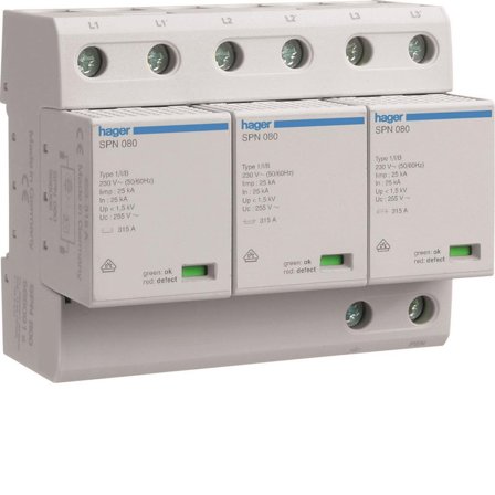 Hager SPN800 Overspenningsvern grovbeskyttelse Uten fjernsignalering, 3-polet, Stikkontakter & kabler