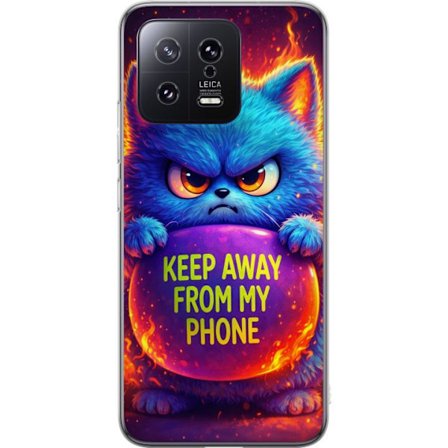 Kompatibel Mobilcover til Xiaomi Xiaomi 13 Vred luvat blå kat med teksten "Hold dig væk fra min telefon" i neonfarver og ildlignende effekter, humor