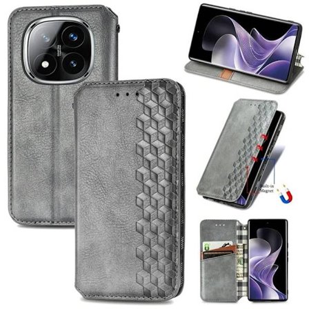 Xiaomi Redmi Note 14 Pro 5G Etui Rhombus Imprint Vegansk Læder Wallet Phone Cover - Grå