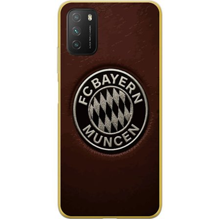 Yhteensopiva Läpinäkyvä kuori Xiaomi Poco M3 FC Bayern Münchenin tunnus ruskealla nahkataustalla klassinen jalkapallomotiivi täydellinen saksala