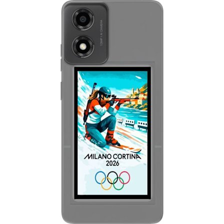 Yhteensopiva Puhelinkuori Motorola Moto E14 Retrojuliste Cortina Milano 2026 vuorilla, talviurheilijoilla, italiankoloreilla, Milanon tuomiokirkolla j