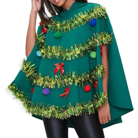 Julgransponcho Kostym för Kvinnor Rosett Boll Glänsande Dekor Huvförsedd Kappa Jul Cosplay Utklädnad X-Large Grön