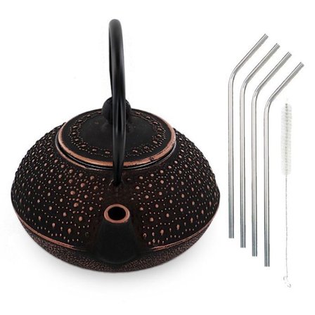 Sui støbejern tekande 0,8 L + 4 sugerør i rustfrit stål