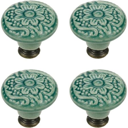 4 stk. Runde Keramiske Skuffeknopper Kabinet Møbelhåndtag Vintage Blomstermønster Knopper, med Monteringsskruer, Grøn