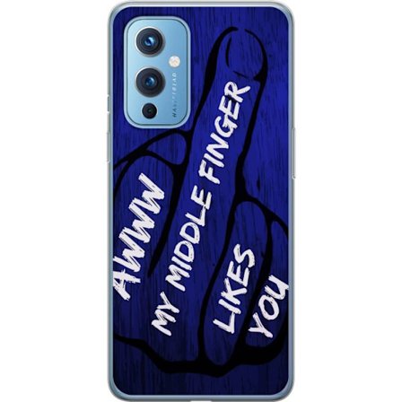 Kompatibel Mobilcover til OnePlus 9 Mørk typografisk illustration med hjerteform og budskab om venskab mod dybblå trætekstur