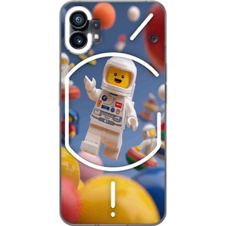 Kompatibelt Mobilskal till Nothing Phone (1) LEGO-inspirerad astronautfigur i rymden bland färgglada planeter, lekfull 3D-illustration för barnrum,