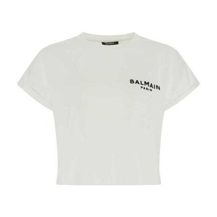 Balmain, Cropped T-shirt WIth Logo Biały, Kobieta, Rozmiar: M