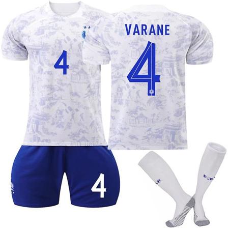 France Away Jersey 2022/23 World Cup Varane #4 Jalkapallo Jersey T-paita Shortsit Sarjat Jalkapallo 3-osaiset setit lapsille Aikuiset Adult XS(160-